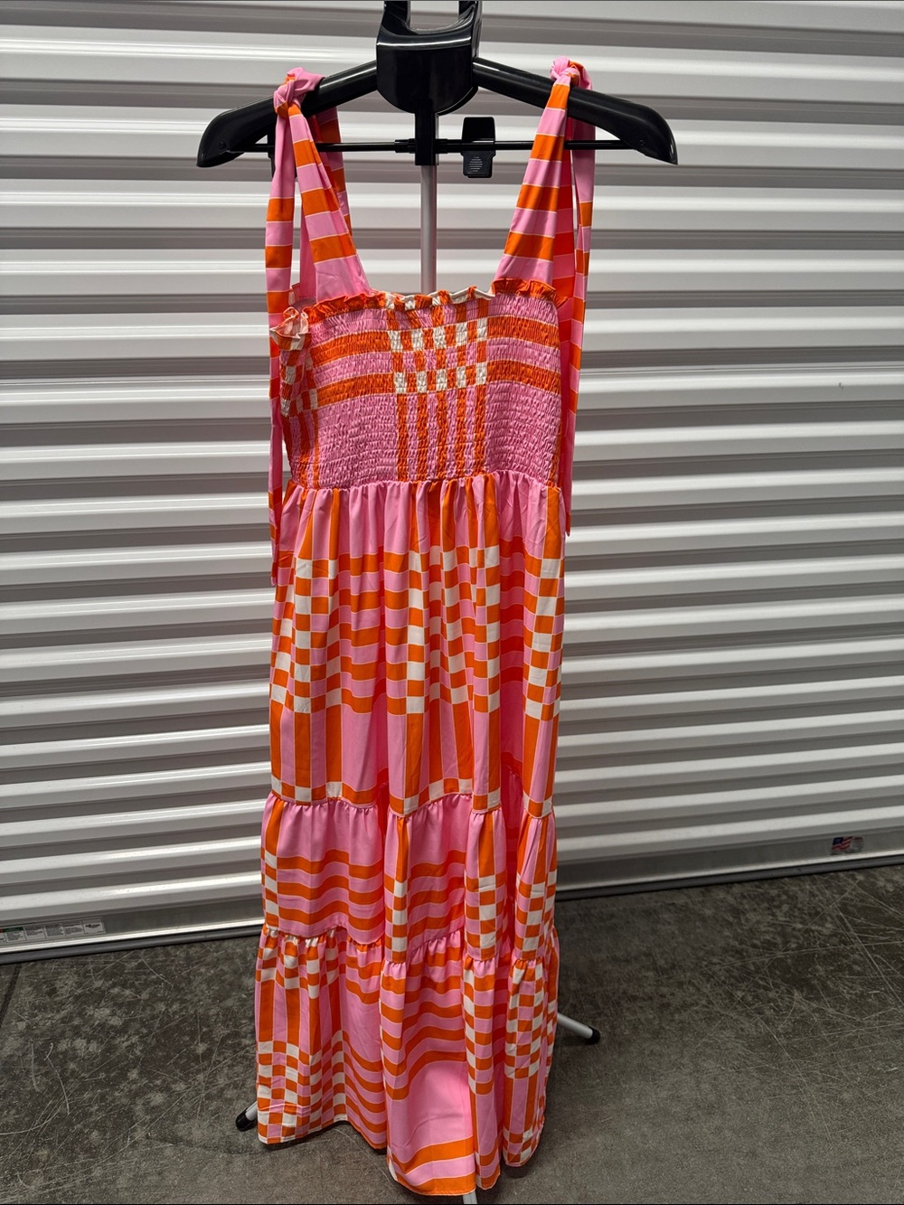 Pink and Orange Checkered Tie-Shoulder Maxi Dress